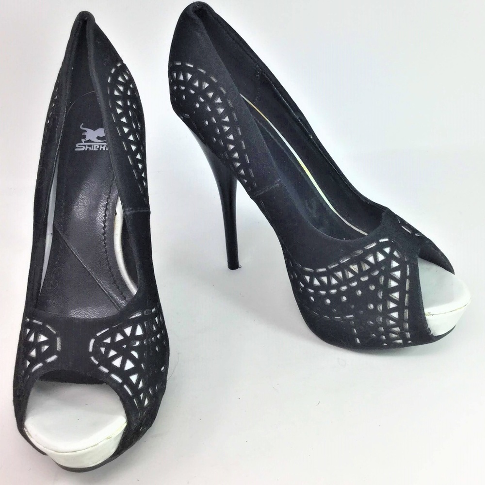 Shiekh Black Heels Laser Cut Peep Toe Platform 8.5